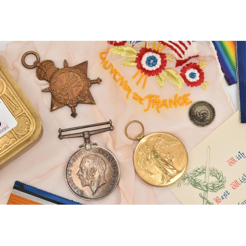 95 - A PRINCESS MARY TIN, MEDALS ETC., the rectangular Princess Mary tin dated Christmas 1914, with print... 