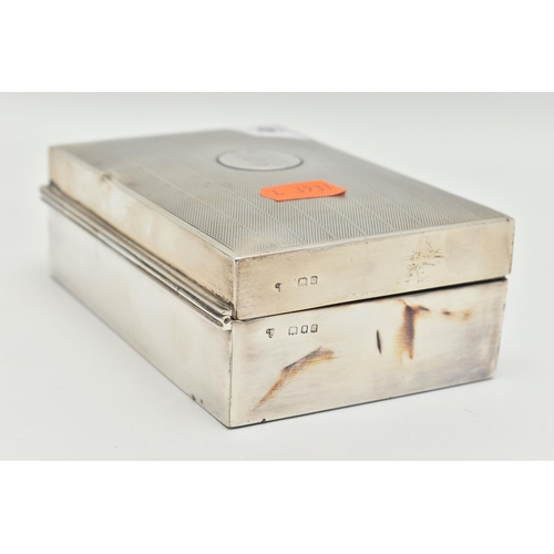 96 - A SILVER TABLE CIGARETTE BOX, of rectangular form, engine turned pattern with engraved cartouche, wo... 