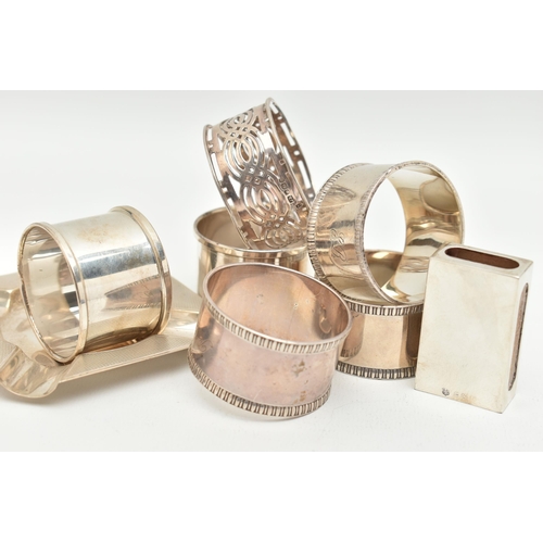 128 - ASSORTED SILVER ITEMS, to include six assorted silver napkin rings, three with textured rims, hallma... 