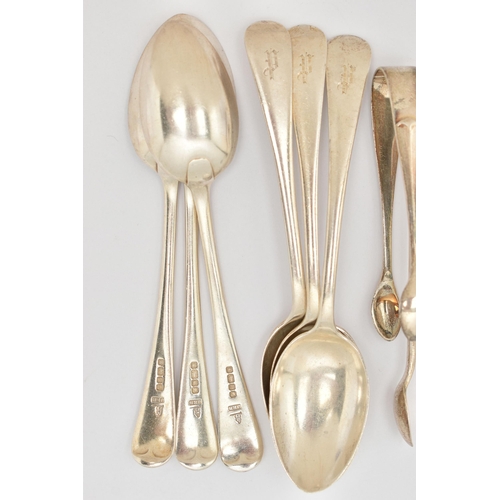 129 - ASSORTED SILVER SPOONS AND SUGAR TONGS, to include a set of six Old English pattern teaspoons with e... 