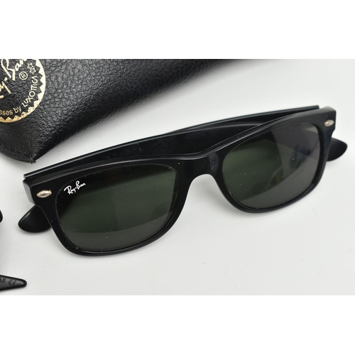 132 - TWO PAIRS OF 'RAY BAN' SUNGLASSES, the first a pair of black framed new wayfarer 901 52 18, together... 