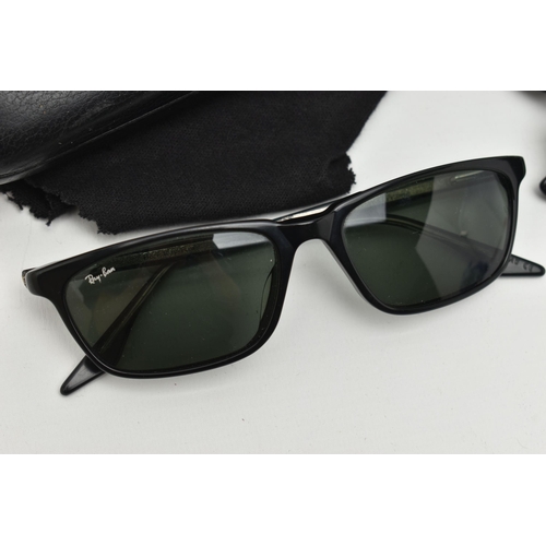 132 - TWO PAIRS OF 'RAY BAN' SUNGLASSES, the first a pair of black framed new wayfarer 901 52 18, together... 