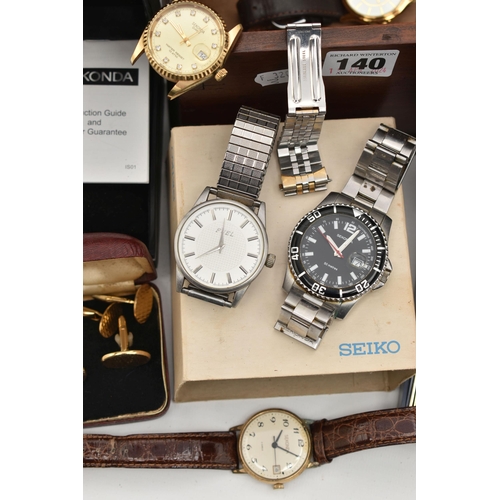 140 - A WOODEN BOX WITH WATCHES, COMMEMORATIVE COINS AND CUFFLINKS, to include six gents 'Sekonda' wristwa... 