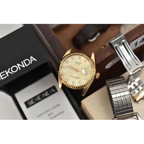 140 - A WOODEN BOX WITH WATCHES, COMMEMORATIVE COINS AND CUFFLINKS, to include six gents 'Sekonda' wristwa... 