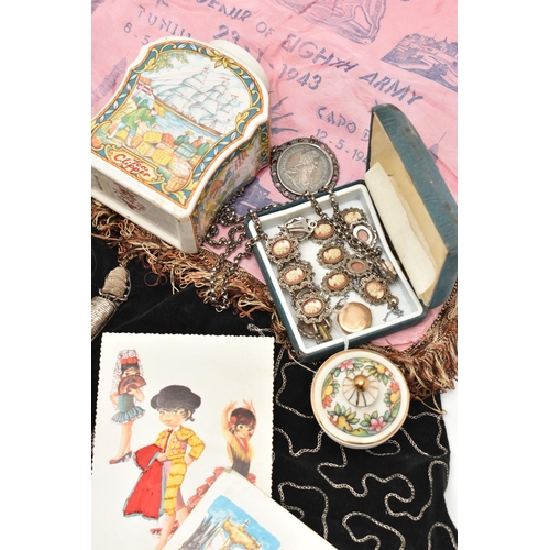 141 - A BOX OF ASSORTED JEWELLERY AND ITEMS, to include a 9ct gold circular locket, with floral pattern, f... 