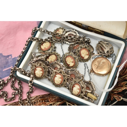 141 - A BOX OF ASSORTED JEWELLERY AND ITEMS, to include a 9ct gold circular locket, with floral pattern, f... 