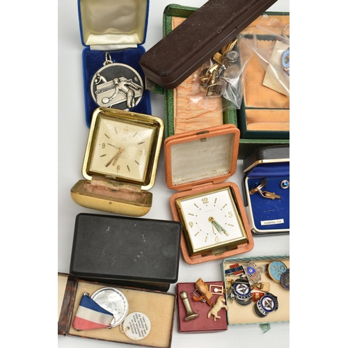 142 - A BOX OF ASSORTED ITEMS, to include various sets of cufflinks and dress studs, running medallion, a ... 