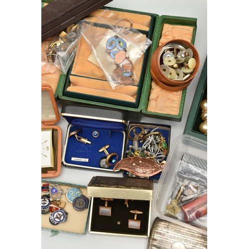 142 - A BOX OF ASSORTED ITEMS, to include various sets of cufflinks and dress studs, running medallion, a ... 