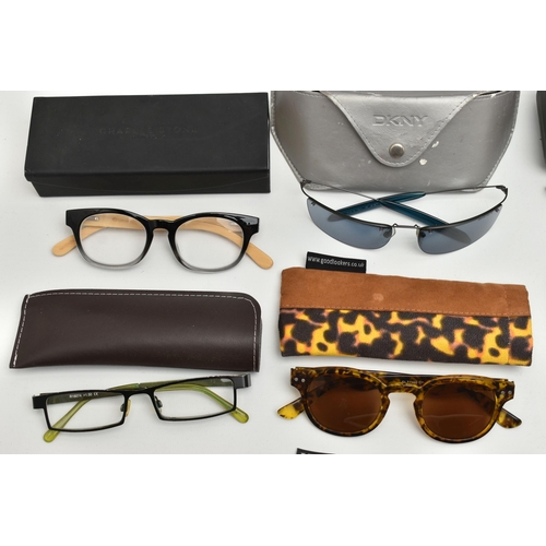 144 - A BOX OF ASSORTED SUNGLASSES AND GLASSES, names to include Calvin Klein, DKNY, Police, Good lookers,... 