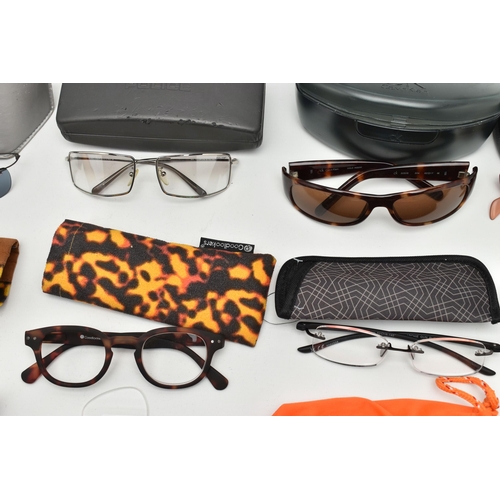 144 - A BOX OF ASSORTED SUNGLASSES AND GLASSES, names to include Calvin Klein, DKNY, Police, Good lookers,... 