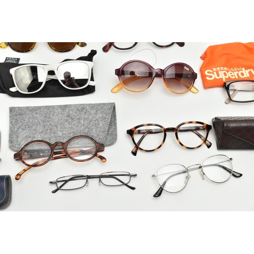 144 - A BOX OF ASSORTED SUNGLASSES AND GLASSES, names to include Calvin Klein, DKNY, Police, Good lookers,... 