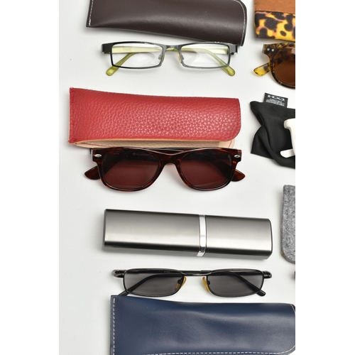 144 - A BOX OF ASSORTED SUNGLASSES AND GLASSES, names to include Calvin Klein, DKNY, Police, Good lookers,... 