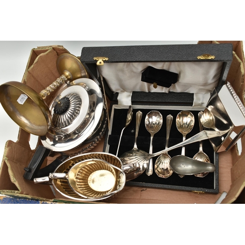 145 - A BOX OF ASSORTED WHITE METAL WARE, to include a three piece tea set comprising of a teapot, sugar b... 