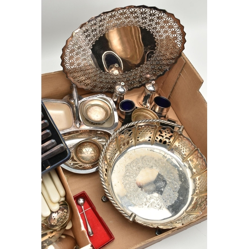 147 - A BOX OF ASSORTED WHITE METAL WARE, to include a 'Walker & Hall' silver plate pierced basket tray, a... 