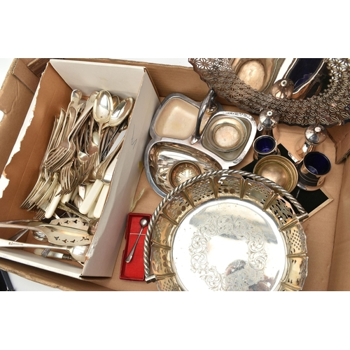 147 - A BOX OF ASSORTED WHITE METAL WARE, to include a 'Walker & Hall' silver plate pierced basket tray, a... 