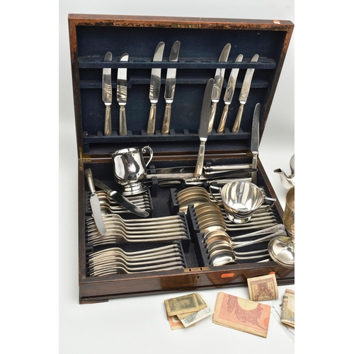 148 - CANTEEN OF CUTLERY, WHITE METAL WARE AND BANKNOTES, to include a wooden canteen with stainless steel... 