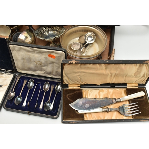 150 - A BOX OF ASSORTED WHITE METAL WARE, to include a silver plate 'Mappin & Webb' three piece tea set, c... 