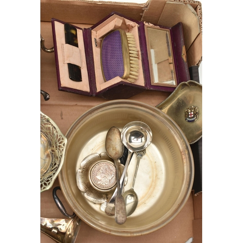 150 - A BOX OF ASSORTED WHITE METAL WARE, to include a silver plate 'Mappin & Webb' three piece tea set, c... 