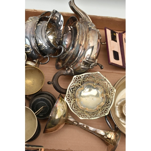 150 - A BOX OF ASSORTED WHITE METAL WARE, to include a silver plate 'Mappin & Webb' three piece tea set, c... 