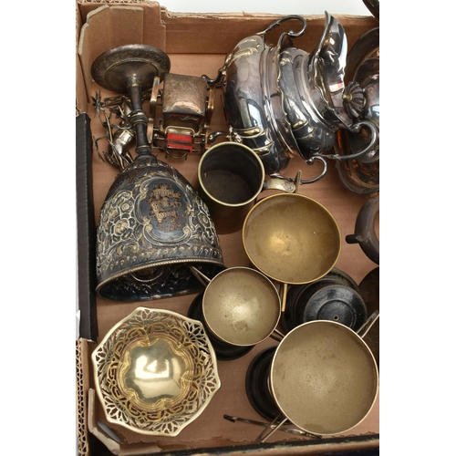 150 - A BOX OF ASSORTED WHITE METAL WARE, to include a silver plate 'Mappin & Webb' three piece tea set, c... 