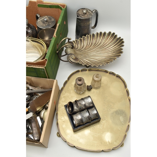 151 - A BOX OF ASSORTED WHITE METAL WARE, to include a large tray, a set of white metal napkin rings, bask... 