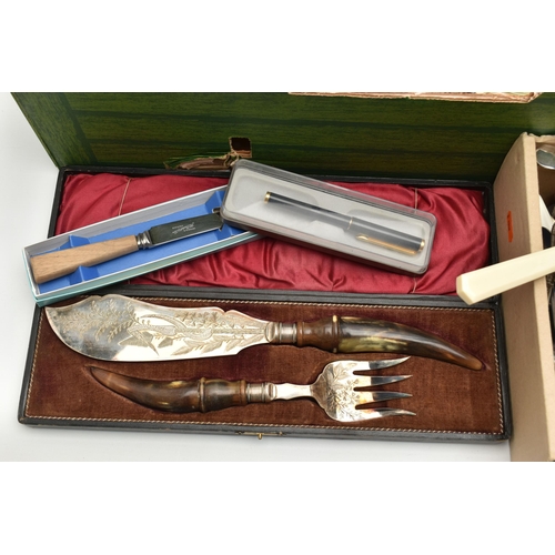 151 - A BOX OF ASSORTED WHITE METAL WARE, to include a large tray, a set of white metal napkin rings, bask... 