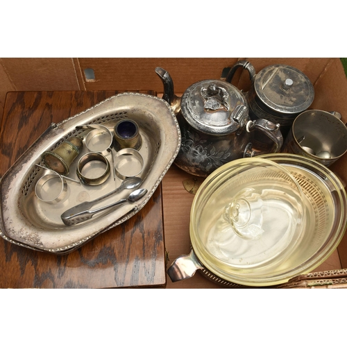 151 - A BOX OF ASSORTED WHITE METAL WARE, to include a large tray, a set of white metal napkin rings, bask... 