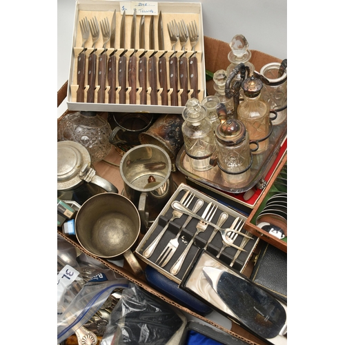 152 - A BOX OF ASSORTED WHITE METAL WARE, to include a wooden canteen of cutlery fitted with black handles... 