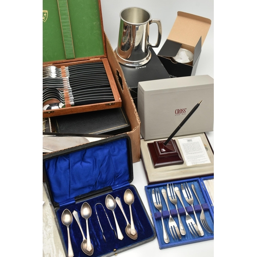 152 - A BOX OF ASSORTED WHITE METAL WARE, to include a wooden canteen of cutlery fitted with black handles... 