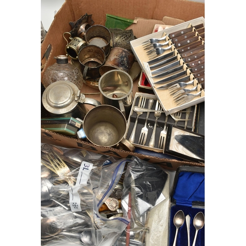 152 - A BOX OF ASSORTED WHITE METAL WARE, to include a wooden canteen of cutlery fitted with black handles... 