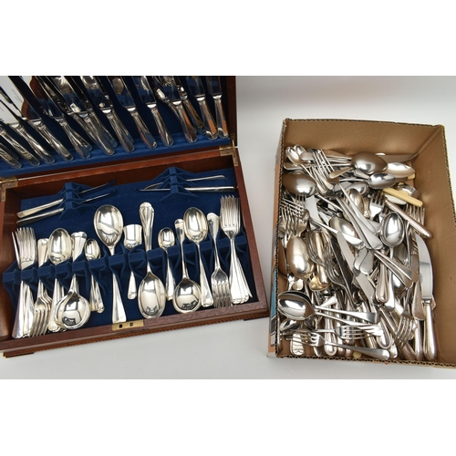 153 - A WOODEN CANTEEN AND ASSORTED CUTLERY, a wooden 'Elkington' canteen of cutlery, twelve person table ... 