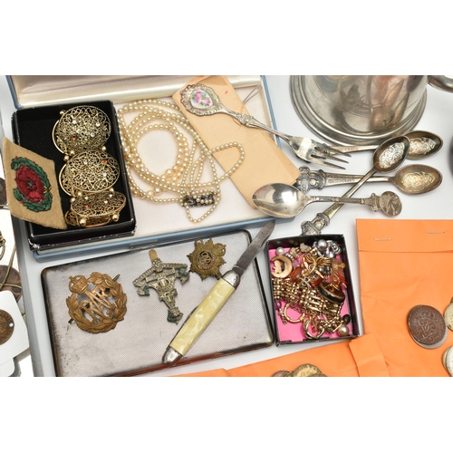 155 - A BOX OF ASSORTED ITEMS, to include a set of four 'Rolex' teaspoons, a double strand necklace of imi... 