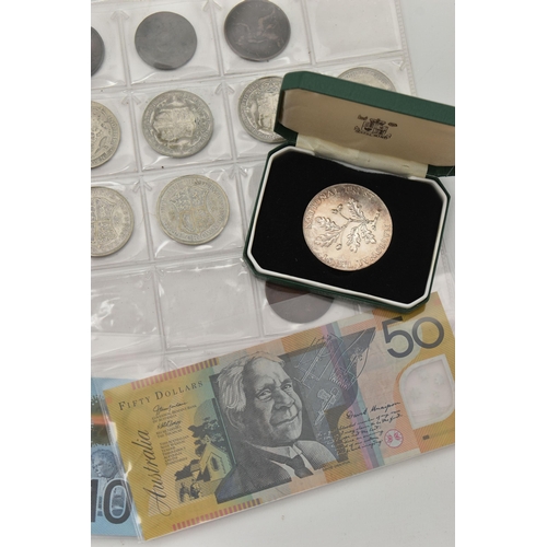 158 - A SMALL CARDBOARD BOX CONTAINING AUSTALIA BANKNOTES WITH MIXED COINAGE, to include a Royal Mint case... 