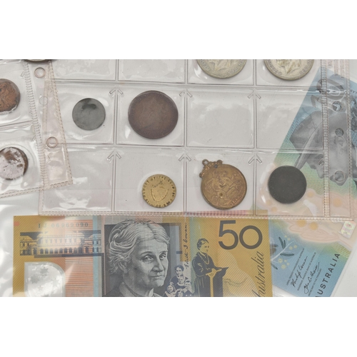 158 - A SMALL CARDBOARD BOX CONTAINING AUSTALIA BANKNOTES WITH MIXED COINAGE, to include a Royal Mint case... 