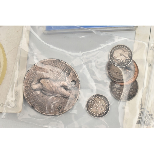 159 - A SMALL BOX OF MIXED COINAGE, to include a Gold Half Sovereign coin 1914, 22ct gold, 3.9 grams, diam... 