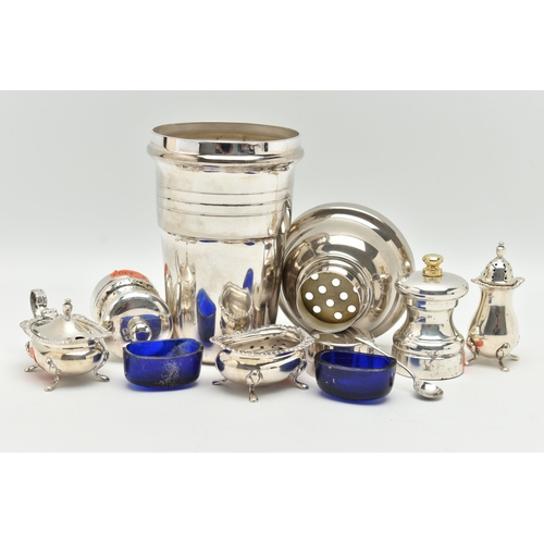 170 - AN ASSORTMENT OF SILVER AND WHITE METAL, to include a pair of salt and pepper mills, hallmarked 'Joh... 