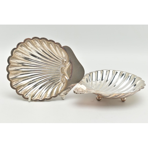 171 - TWO SILVER NUT DISHES, the first an Edward VII shell form nut dish, riased on three sperical feet, h... 