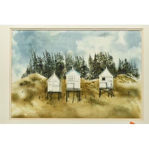 310 - ATTRIBUTED TO RONALD MADDOX (1930-2018) 'BEACH HUTS, HOLKHAM - AUTUMN', a coastal landscape with thr... 