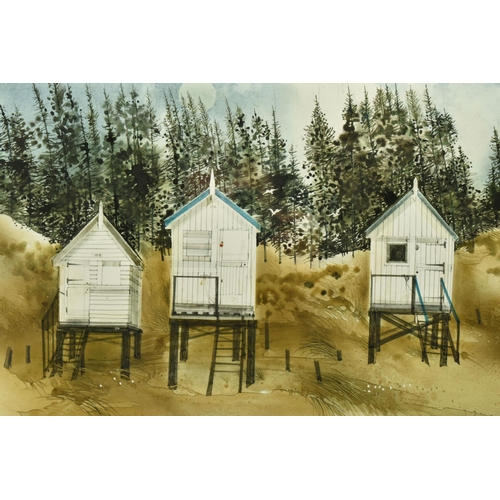 310 - ATTRIBUTED TO RONALD MADDOX (1930-2018) 'BEACH HUTS, HOLKHAM - AUTUMN', a coastal landscape with thr... 