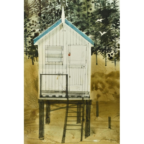 310 - ATTRIBUTED TO RONALD MADDOX (1930-2018) 'BEACH HUTS, HOLKHAM - AUTUMN', a coastal landscape with thr... 