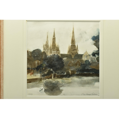 312 - JOHN KNAPP-FISHER (1931-2015) 'LICHFIELD CATHEDRAL OVER THE WATER', a view of the Cathedral with Min... 