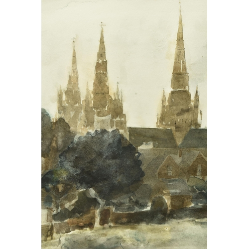 312 - JOHN KNAPP-FISHER (1931-2015) 'LICHFIELD CATHEDRAL OVER THE WATER', a view of the Cathedral with Min... 