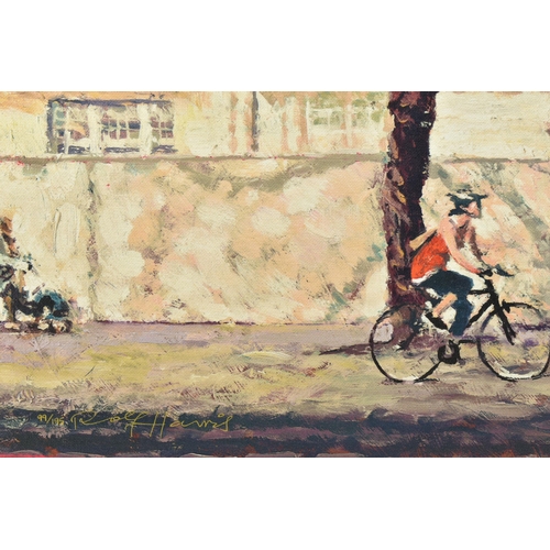 320 - ROLF HARRIS (AUSTRALIAN 1930 - 2023), 'Cyclist, Bayswater Road', a study of a London street, a limit... 