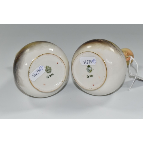 330 - TWO ROYAL WORCESTER TWIN HANDLED BALUSTER VASES, HAND PAINTED WITH PHEASANTS BY JAMES STINTON, signe... 