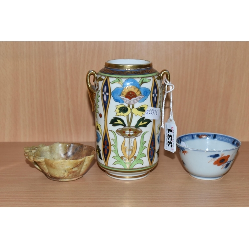 331 - AN ORIENTAL CARVED HARDSTONE CUP, A CHINESE PORCELAIN EXPORT TEA BOWL AND A NORITAKE VASE, the hards... 