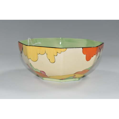 332 - A CLARICE CLIFF 'HONOLULU' DESIGN OCTAGONAL BOWL, green and black banding inside, black printed back... 