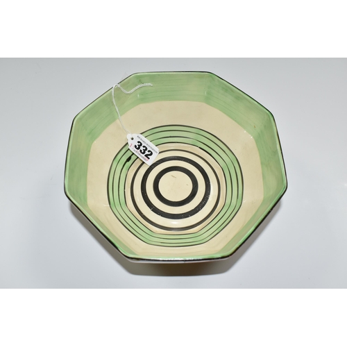 332 - A CLARICE CLIFF 'HONOLULU' DESIGN OCTAGONAL BOWL, green and black banding inside, black printed back... 