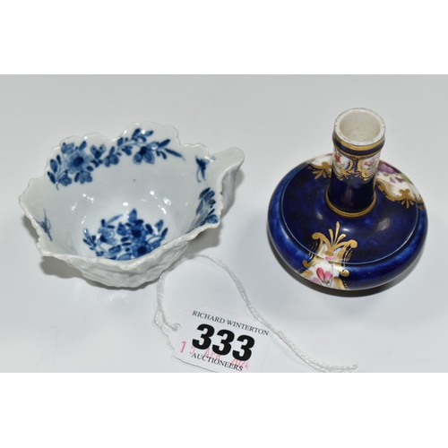 333 - A FIRST PERIOD WORCESTER BLUE AND WHITE BUTTERDISH, with workman's mark, together with a 19th centur... 