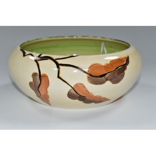 339 - A CLARICE CLIFF 'ALTON' DESIGN BOWL, green, orange and brown banding inside, diameter 20cm, black ba... 