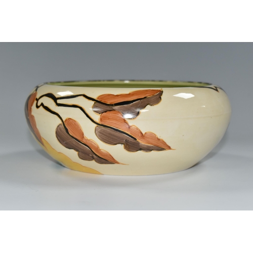 339 - A CLARICE CLIFF 'ALTON' DESIGN BOWL, green, orange and brown banding inside, diameter 20cm, black ba... 